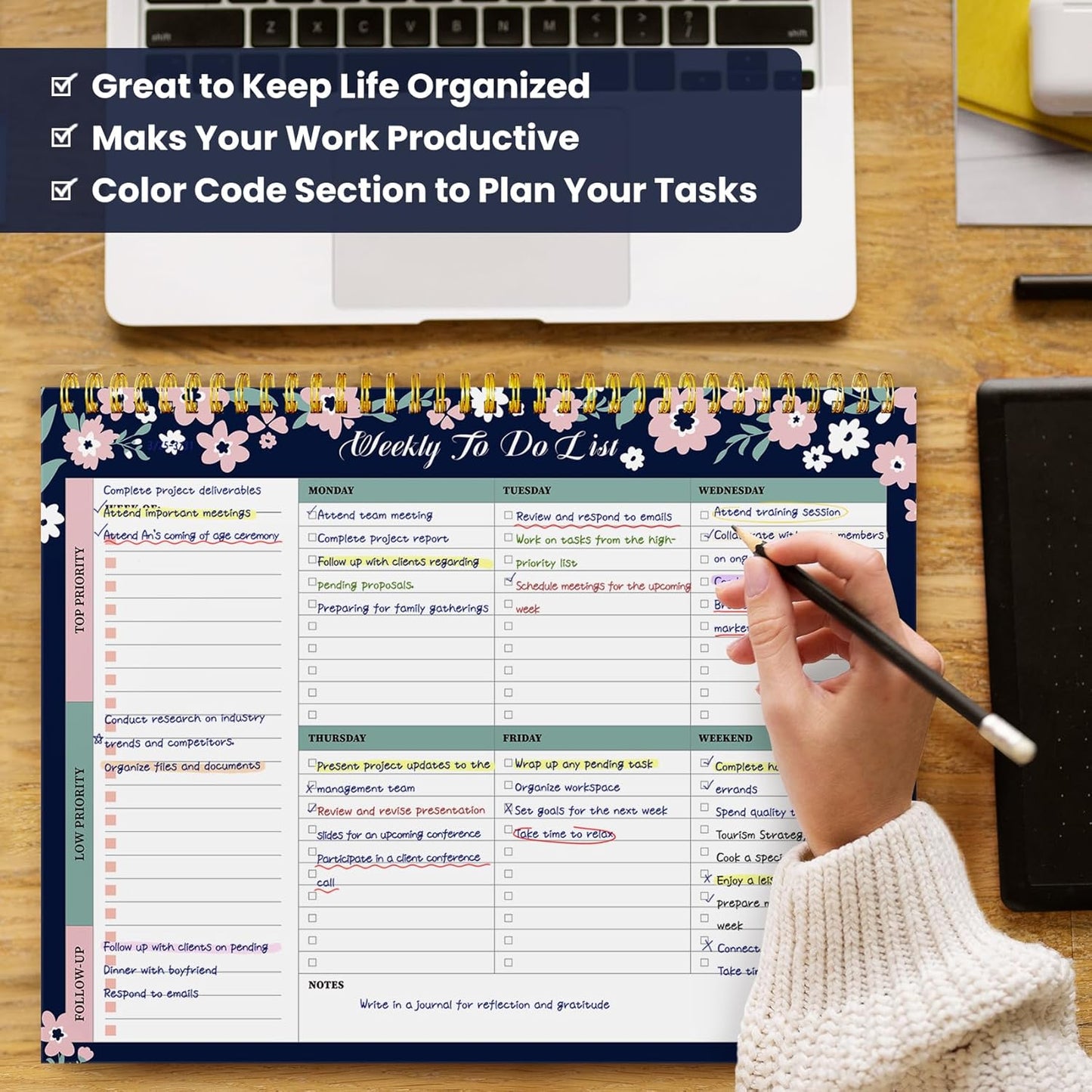 Weekly To Do List Notepad with 52 Undated Sheets（8.5"×11"）- Undated Weekly Planner Notepad for Office Desk Accessories and Supplies - Midnight Lilac