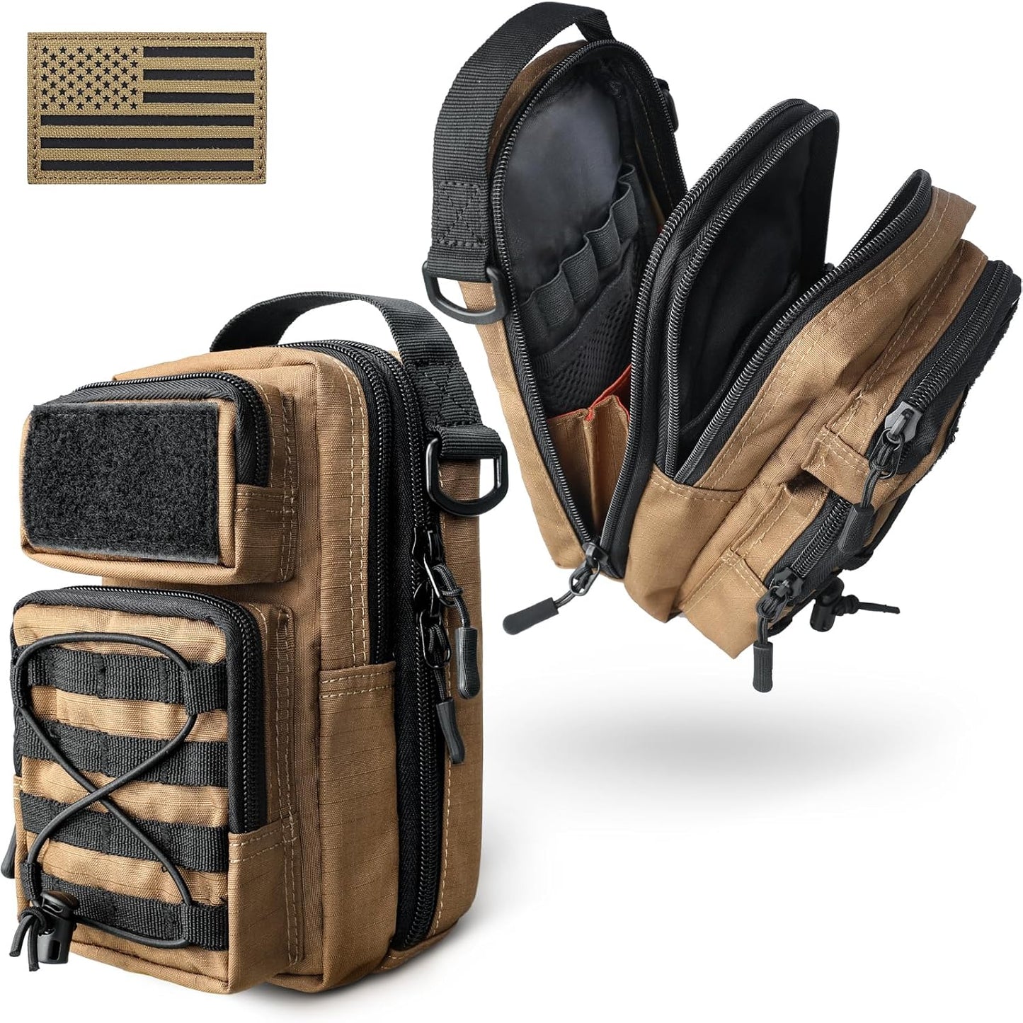 RXW Large Capacity Pencil Pouch for Boys, Tactical EDC Zippered Pencil Bag, Small Tool Pouch for Adults (includes US Flag Patch + 2 MOLLE Straps) (Black)