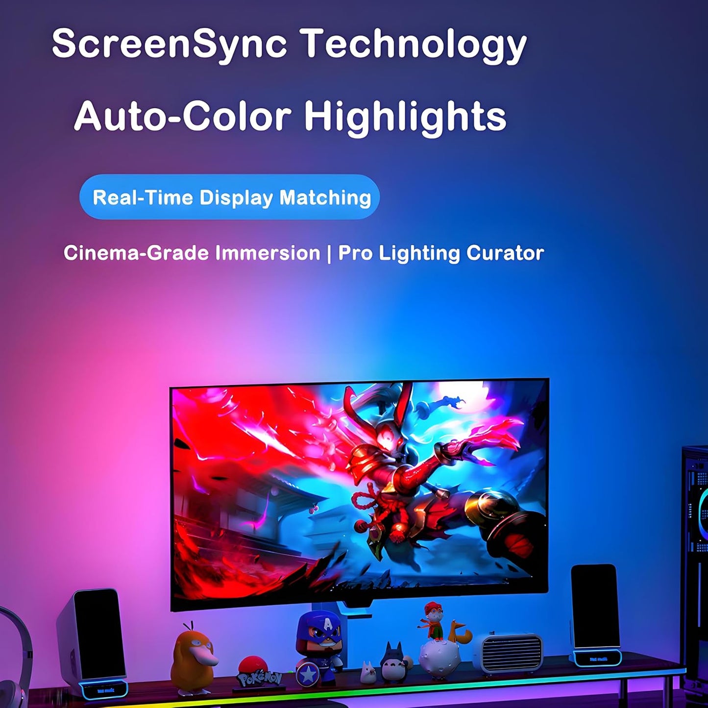 RGB Monitor Backlight with Screen Sync for 32 Inch Screens, Dual USB Powered LED Ambient Lighting Kit, Music Rhythm & Dynamic Modes, Immersive Bias Lighting for Home Office Gaming (4 Sides - 32 inch)