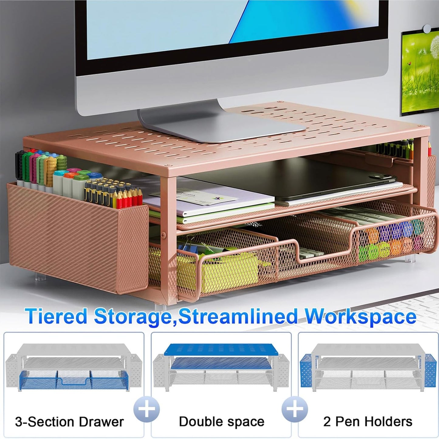 gianotter Monitor Stand Riser, Office Desk Shelf Organizer, Desk Organizer with Drawer and Pen Holder, 2-Tier Computer Stand, Office Organization (Ink)