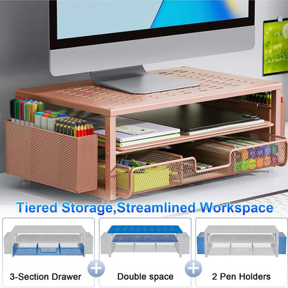 gianotter Monitor Stand Riser, Office Desk Shelf Organizer, Desk Organizer with Drawer and Pen Holder, 2-Tier Computer Stand, Office Organization (Ink)