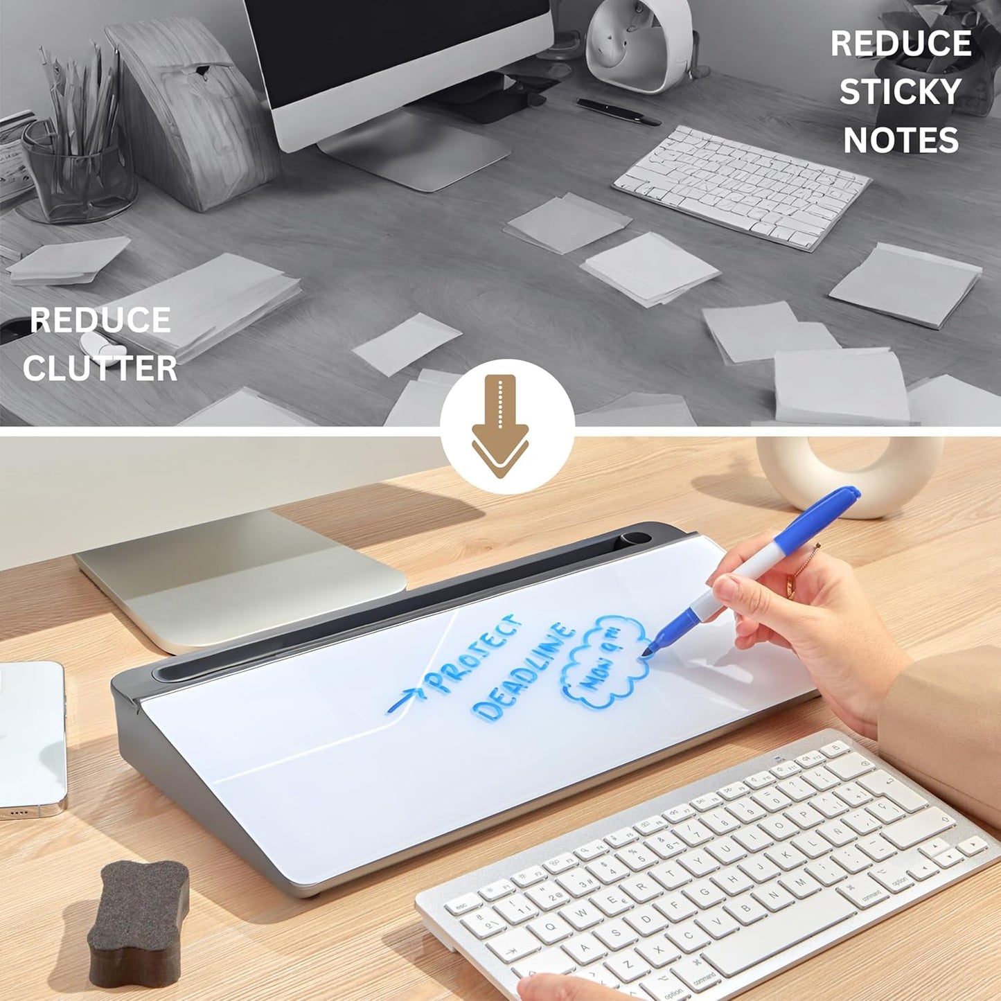 GAROOD Desktop Whiteboard with Storage Desk White Board Desk Board Glass White Board with Stand Home Office Organizer Phone Holder 15.8X7X2 inches