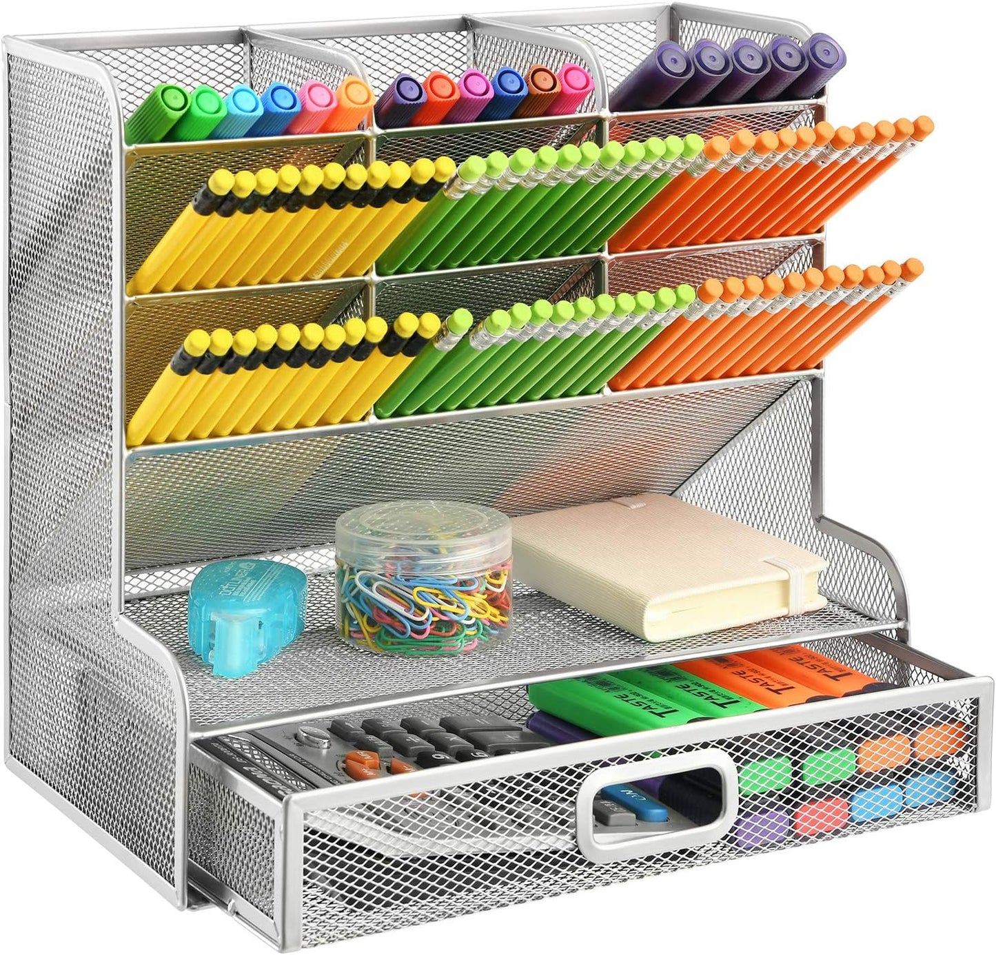 Marbrasse Larger Mesh Desk Organizer with Drawer, Multi-Functional Pen Pencil Holder, Easy Assembly, Desk Organizers and Accessories for Office Art Supplies (Black)