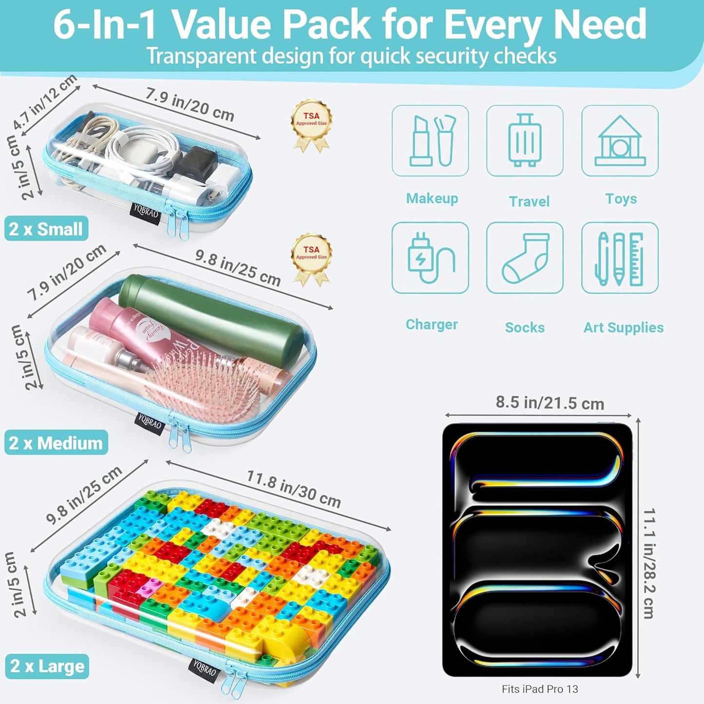 YQBRAO 6 Pack Clear Hard Shell Zipper Case, 1.2mm Heavy Duty Crush-Proof Diaper Bag Organizer Pouches, TSA Approved Travel Makeup Bag for Toiletries & Electronics, (2L, 2M, 2S) Multi-Size Storage Set