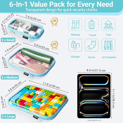 YQBRAO 6 Pack Clear Hard Shell Zipper Case, 1.2mm Heavy Duty Crush-Proof Diaper Bag Organizer Pouches, TSA Approved Travel Makeup Bag for Toiletries & Electronics, (2L, 2M, 2S) Multi-Size Storage Set