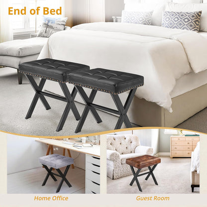LUE BONA Square Linen Makeup Stool, Metal X Legs, Small Ottoman Stool Chair for Vanity, Modern Padded Seat Foot Rest for Makeup Room, Bathroom