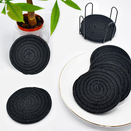 ABenkle 8 Pcs Drink Coasters with Holder, Cotton Woven Absorbent Coasters for Drinks, Minimalist Home Decor Coaster Set for Wooden Tabletop Protection Table, 4.3 inches Mixed Brown