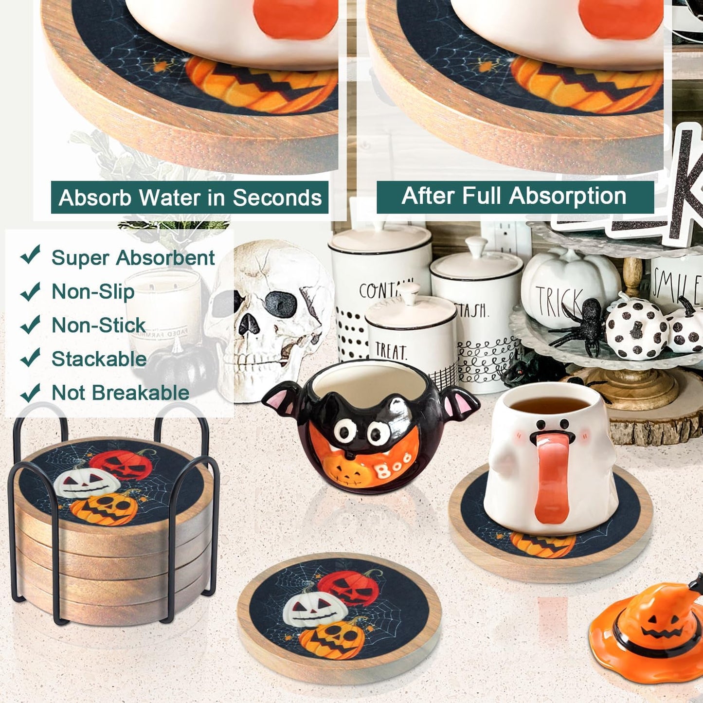 Wood Coasters for Drinks, Minacun Absorbent Coaster Sets of 5, Drinks Coasters for Coffee Tabletop Protection, Non-Slip, Non-Stick, Suitable for Kinds of Cups Wooden Table Drink, 4.3 Inches Black