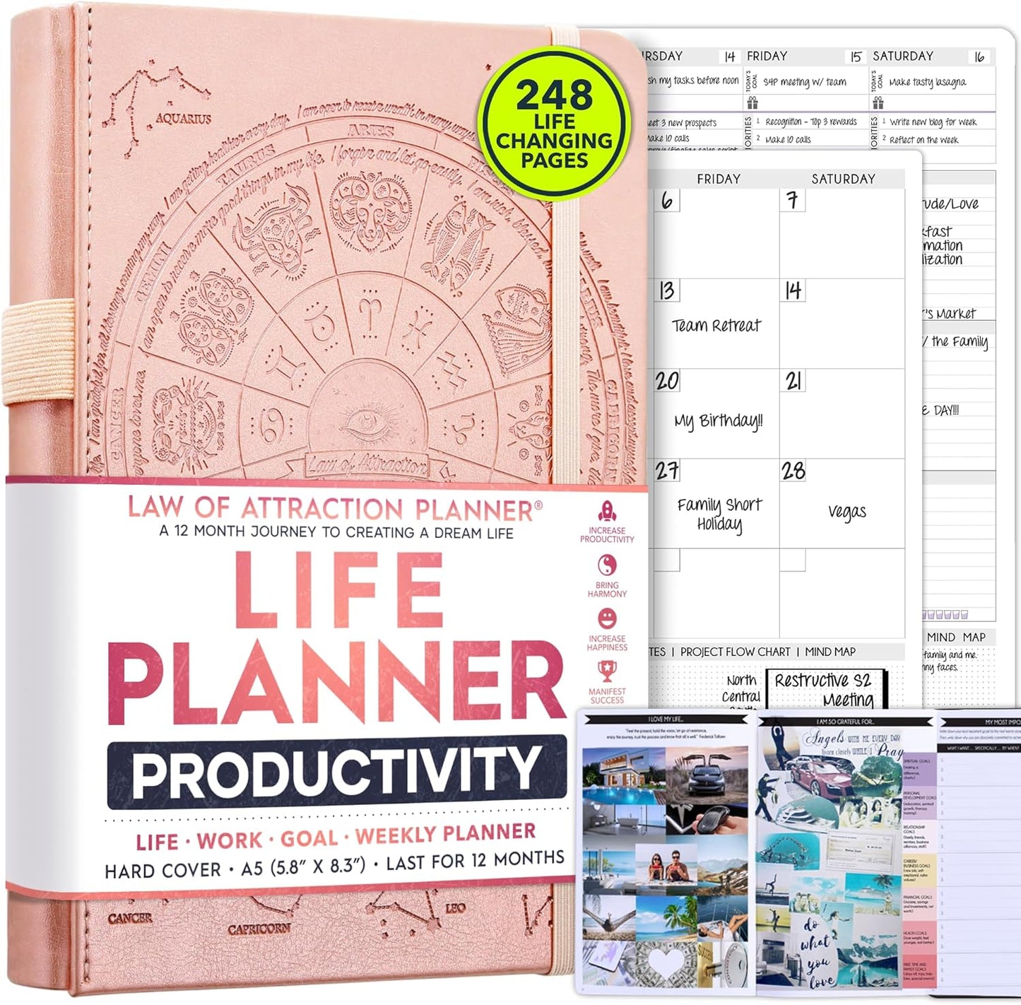 Life Planner - Undated Weekly & Monthly Planner, 12-Month Journey to Increase Productivity | Gratitude Journal, Life Organizer & Goal Journal | Include Foldable Vision Board, Habit Tracker & Stickers