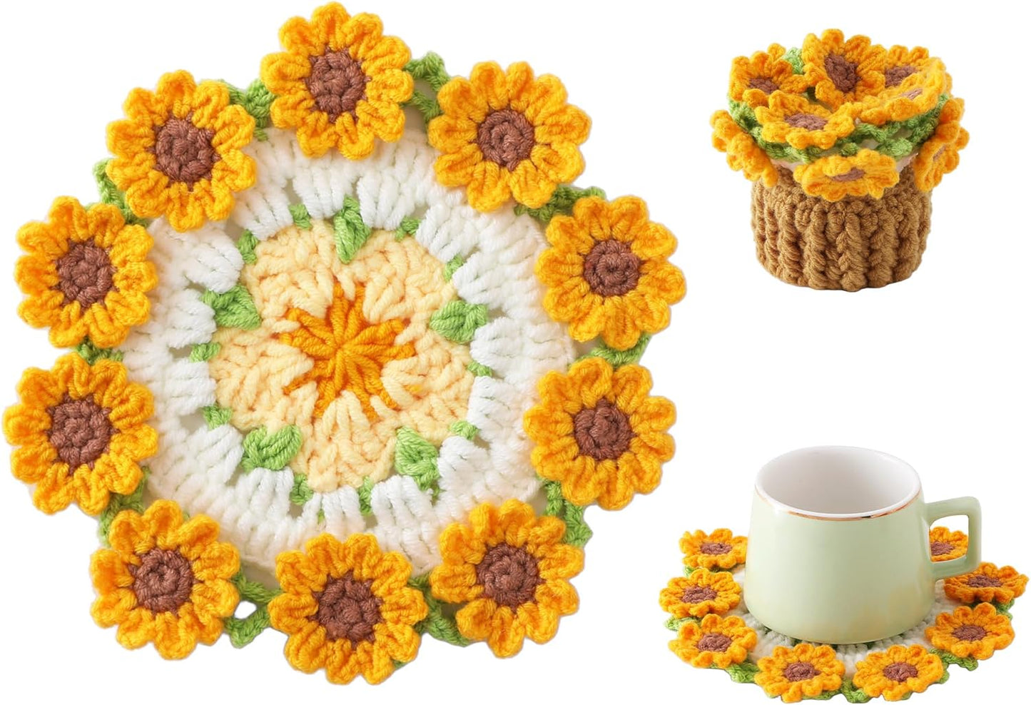 Flower Crochet Coasters, Handmade Bouquet Blanket Coaster with Crochet Plant Pot Fun Soft Decorative Drink Coasters for Coffee Tabletop Protection and Home Decor (Pink, 1Pc)