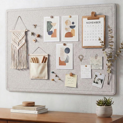 AKTOP Bulletin Board, 24" x 16" Foldable Felt Notice Pin Board for Wall, Decorative CorkBoard Photo Display Board with Self-Adhesive Tape, Vision Board Cork Board Alternative with 25 Pushpins - Latte