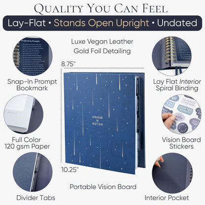 Vision Board Kit & Guided Manifestation Journal | Goal Planner & Habit Tracker, Self Care & Reflection Tools | Undated Vegan Leather Hardcover | Visions in Motion Portable Vision Board