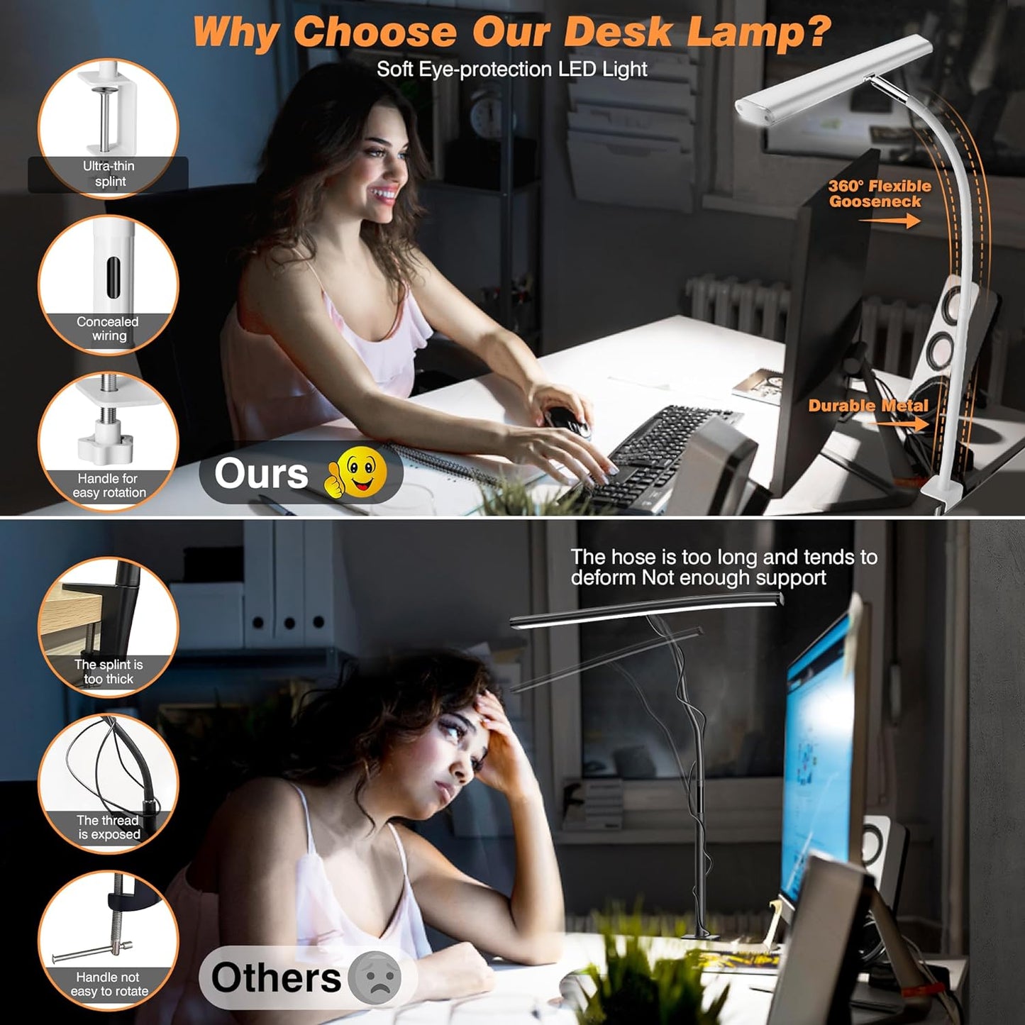 Airlonv LED Desk Lamp for Office Home, Eye-Caring Desk Light with Stepless Dimming Adjustable Flexible Gooseneck, 10W USB Adapter Desk Lamp with Clamp for Reading, Study, Workbench (Black)