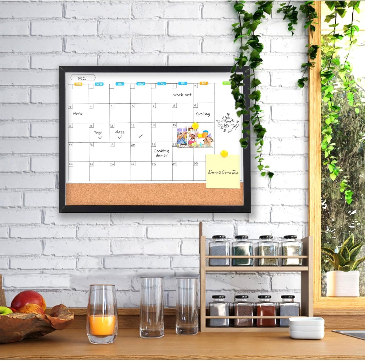 Monthly Whiteboard Calendar with Cork Board for Wall, 17"x13",Magnetic Dry Erase Board with White Wood Framed,2-1 Wall Planner Whiteboard,Bulletin Board with Pins for Home,School,Office