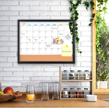 Monthly Whiteboard Calendar with Cork Board for Wall, 17"x13",Magnetic Dry Erase Board with White Wood Framed,2-1 Wall Planner Whiteboard,Bulletin Board with Pins for Home,School,Office