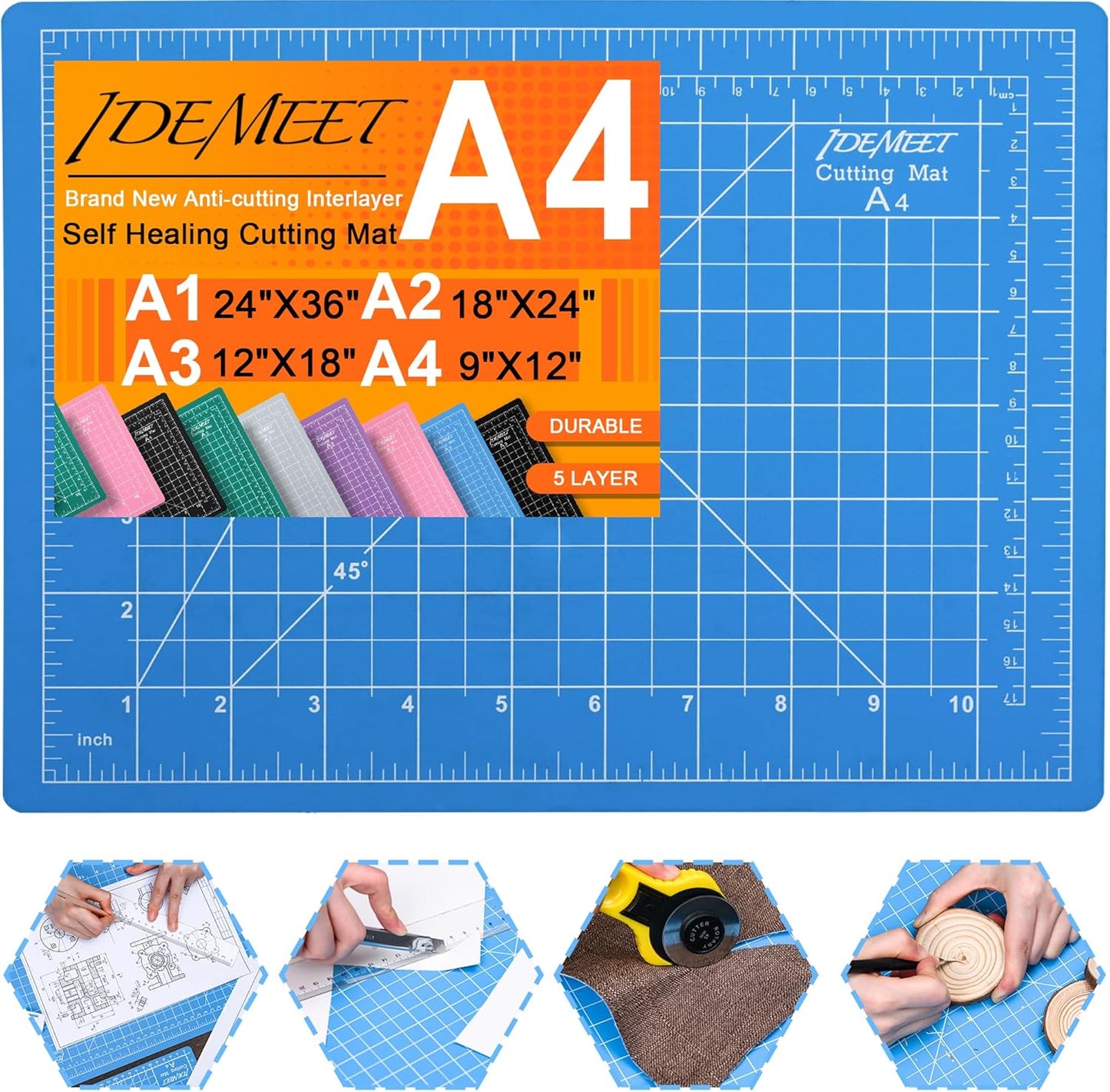 Density-upgraded 18"x12" Self Healing Cutting Mat, Idemeet Rotary Sewing Mat for Crafts, 5-Ply Blade Table Protector Cut Board for Fabric Leather Cutting Quilting Modeling Hobby Project, A3, Black