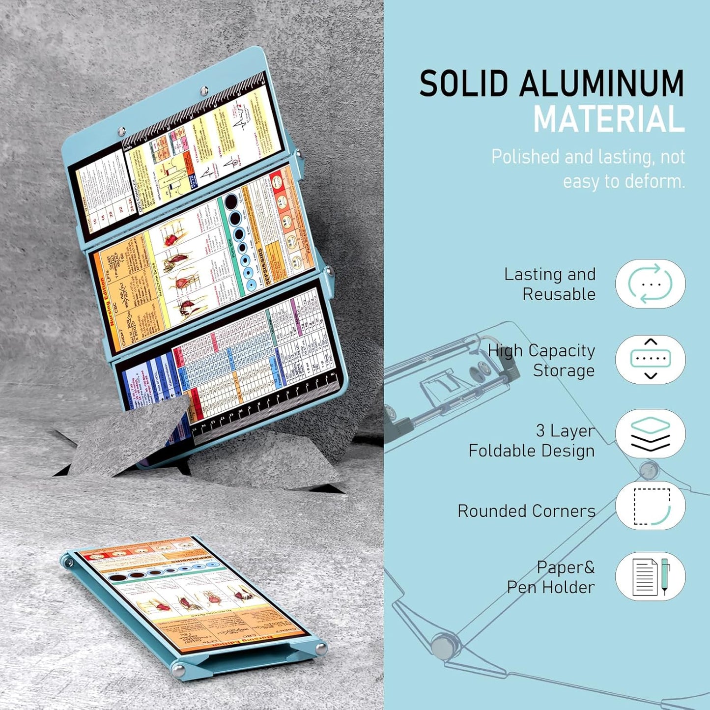 Nursing Clipboard Foldable, Foldable Clipboard w/Nursing Edition Cheat Charts,3 Layers Aluminum, Nurse Clip Board w/Low Profile Clip&Pen Clip Pocket for Nurses and Doctors,Light Blue