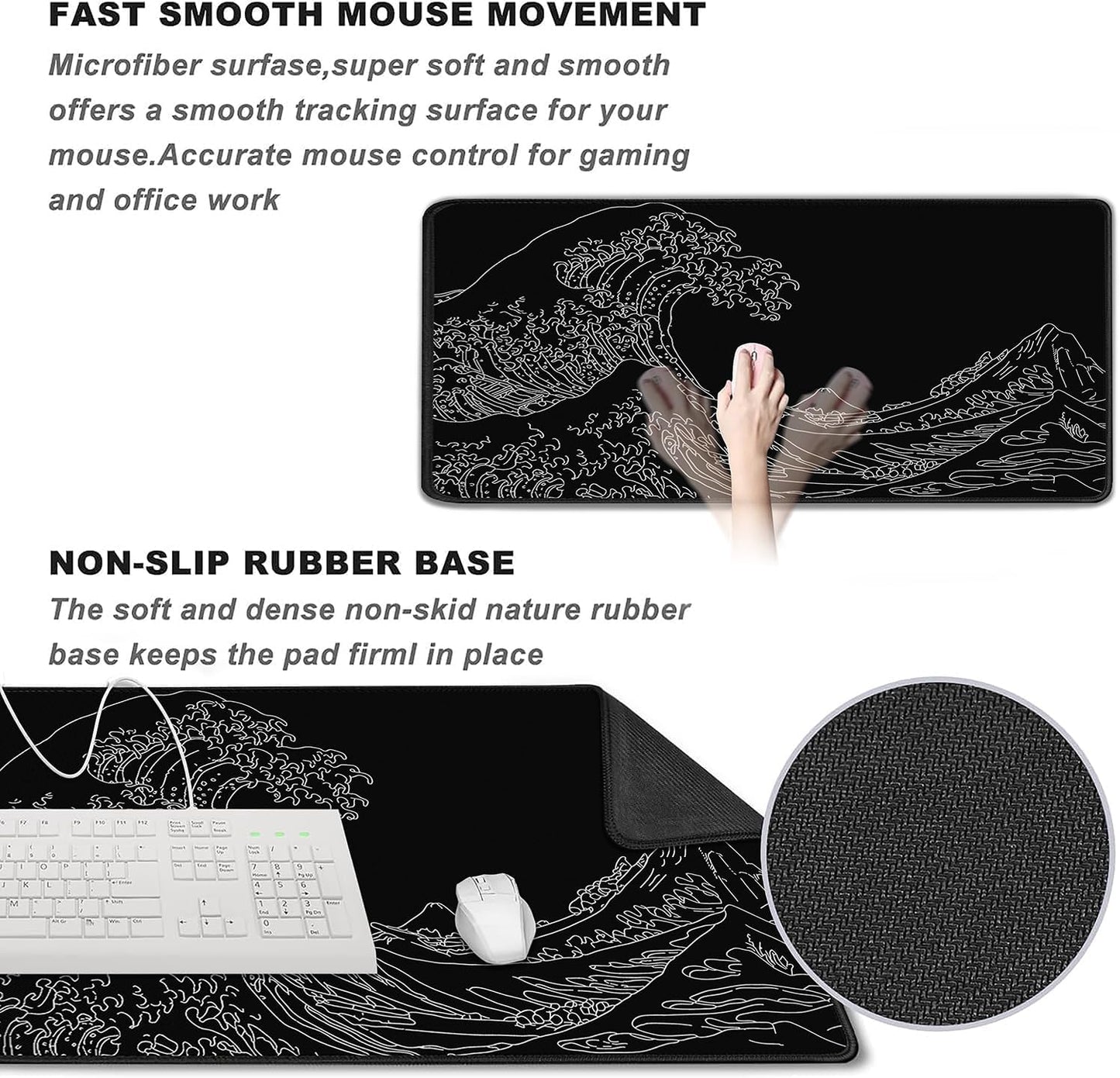 Large Gaming Mouse Pad, XXL Extended Computer Keyboard Mouse Mat with Stitched Edges, 31.5" x 15.7" Non-Slip Waterproof Rubber Base Office Big Long Mousepad for Work, Game, Office, Home, Black