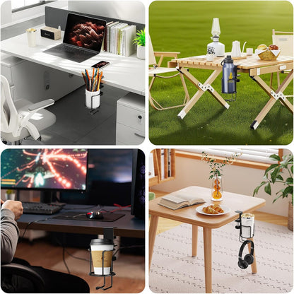CABTE 2 in 1 Desk Cup Holder with Headphone Hanger Holder, Anti-Spill Clip-On Table Cup Hook with 360° Rotation for Lawn Chair, Office Home Gaming Table (1 Pack)