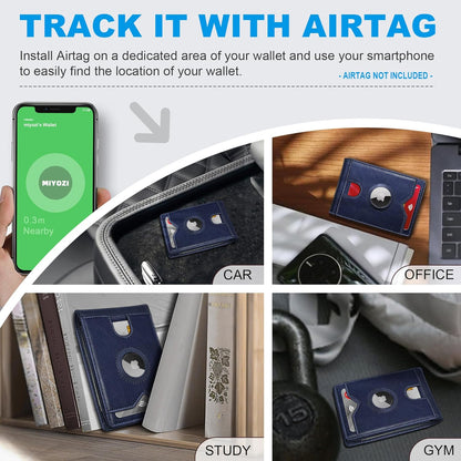 miyozi AirTag Wallet for Men, Slim Leather Bifold with Holder Slot, 2 ID Windows & 13 Card Slots, RFID Blocking Front Pocket Wallet with Gift Box