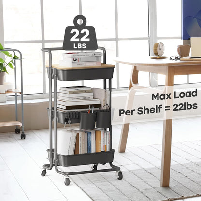 DTK 3 Tier Metal Utility Rolling Cart with Table Top and Side Bags, Tray Storage Organizer Wheels, Art Craft 4 Hooks for Kitchen Bathroom Office Living Room (Black)