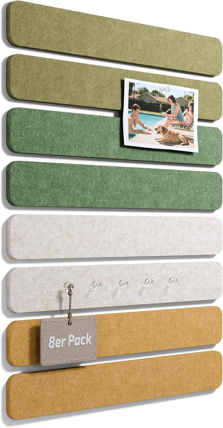 Fluxynara Cork Board Alternative Felt Strip Board 8-Pack 13"x2", Office Pin Board with 50 Push Pins, Adhesive Install for Bedroom Door & Home Office(Linen Dusk)
