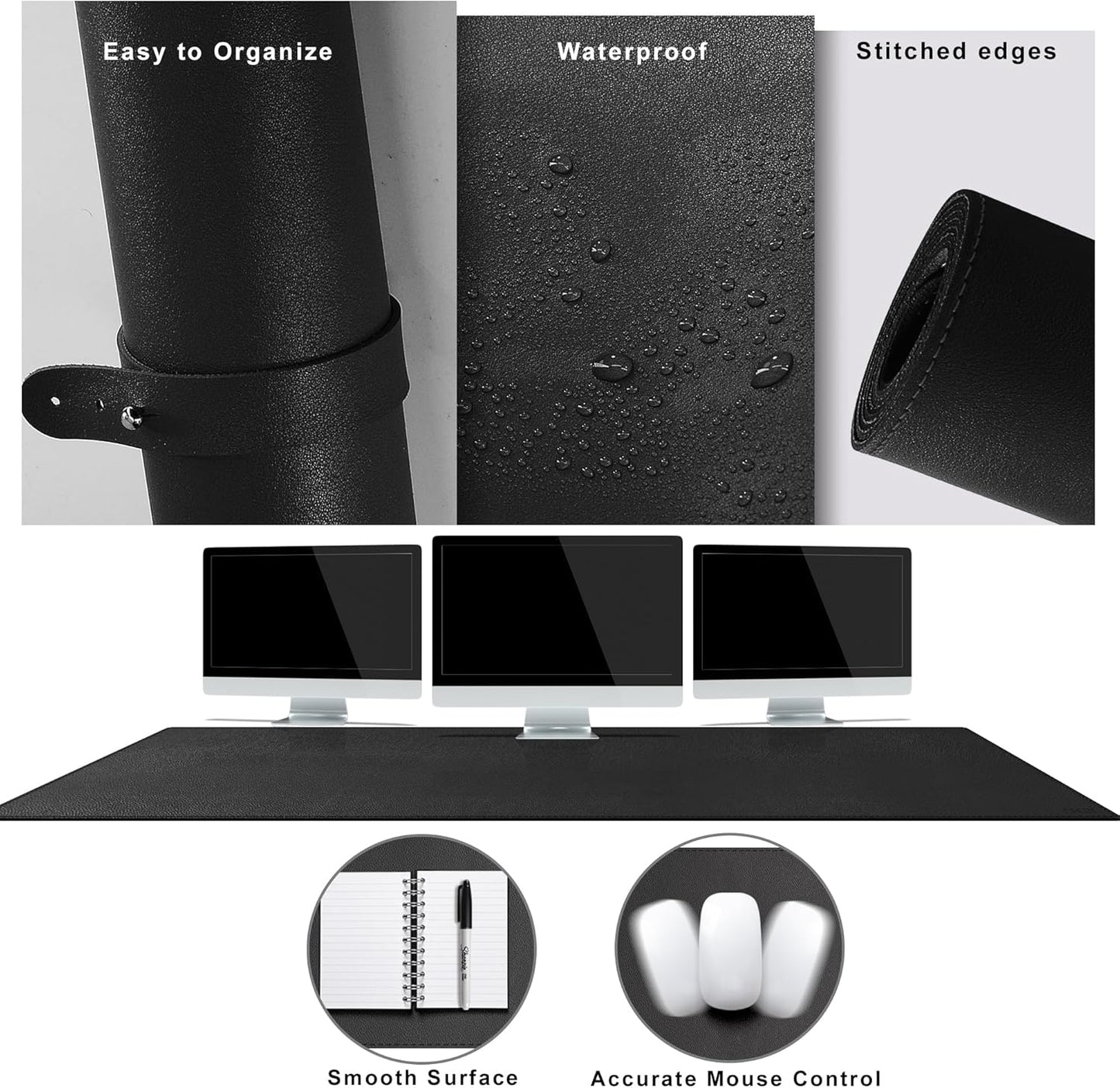 Cacoy 36" x 20" Leather Desk Mat for Home Office, Extra Large PU Leather Desk Pad Blotters, Waterproof Computer Keyboard Mat, Extended Gaming Mouse Pad, Desk Protector for Desktop and PC Laptop, Black