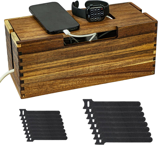 Acacia Wood Cable Management Box, Large Wooden Cord Hider Organizer for Power Strip, TV Wires, Desk & Floor Electrical Cords - Under Desk Wire Storage Box for Home Office Cable Organization