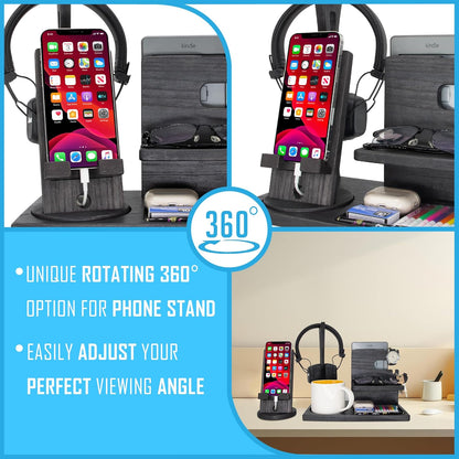 Gift for Men Nightstand Organizer with Headphone Stand & Rotating Phone Stand, Stylish Headphone Holder to Keep Desk Accessories for Men Organized, Unique Dad Birthday Gift, Gifts for Boyfriend