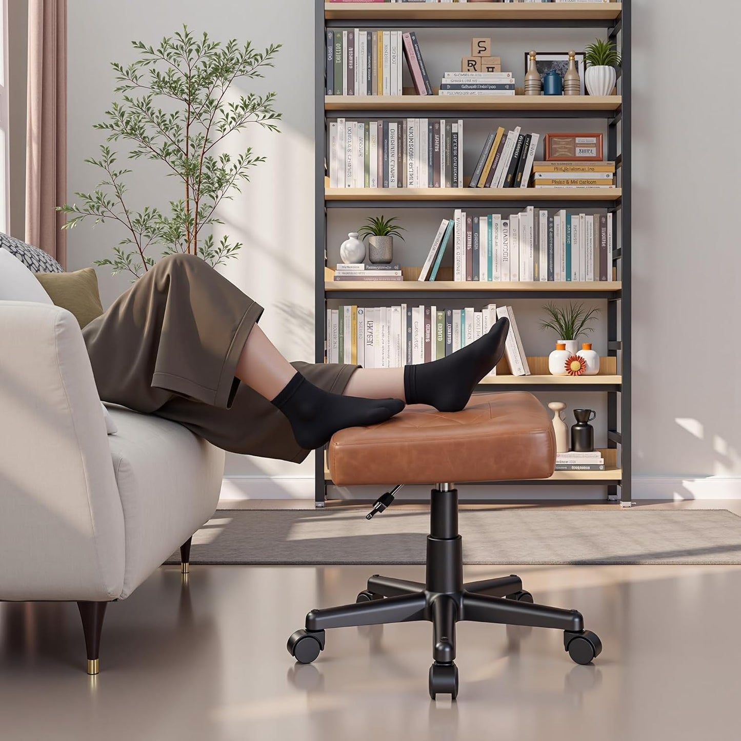 VECELO Under Desk Footrest, PU Ergonomic Foot Rest with Wheels, Comfort Padding, Height Adjustable for Relieving Leg Pain, Stiffness, Black