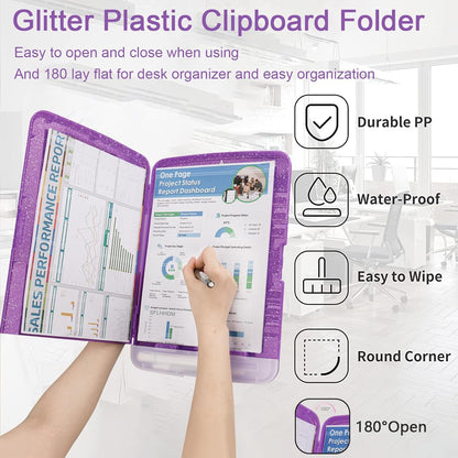 Glitter Clipboard with Storage,Storage Clipboard with Pen Holder,A4 Binder Clip Boards 8.5x11 with Low Profile Clip,Side Opening Sparkle Clipboards, Clipboards Folder for Office Supplies-Starry Black