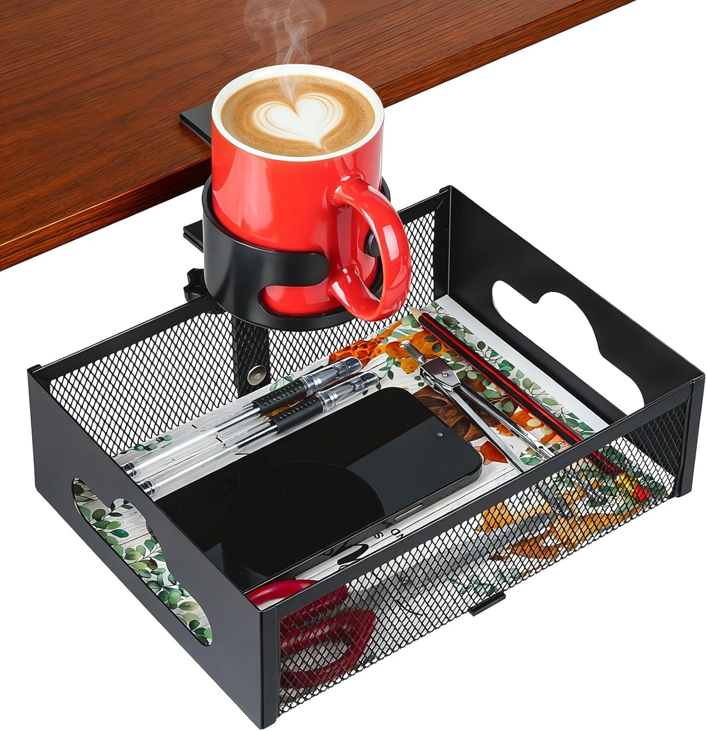 MYITYARD Desk Cup Holder Clamp, Anti-Spill Clip On Table Cup Holder, Rotatable Water Bottle Stand Drink Coffee Mug Storage, Office Accessories for Home and School (Black)