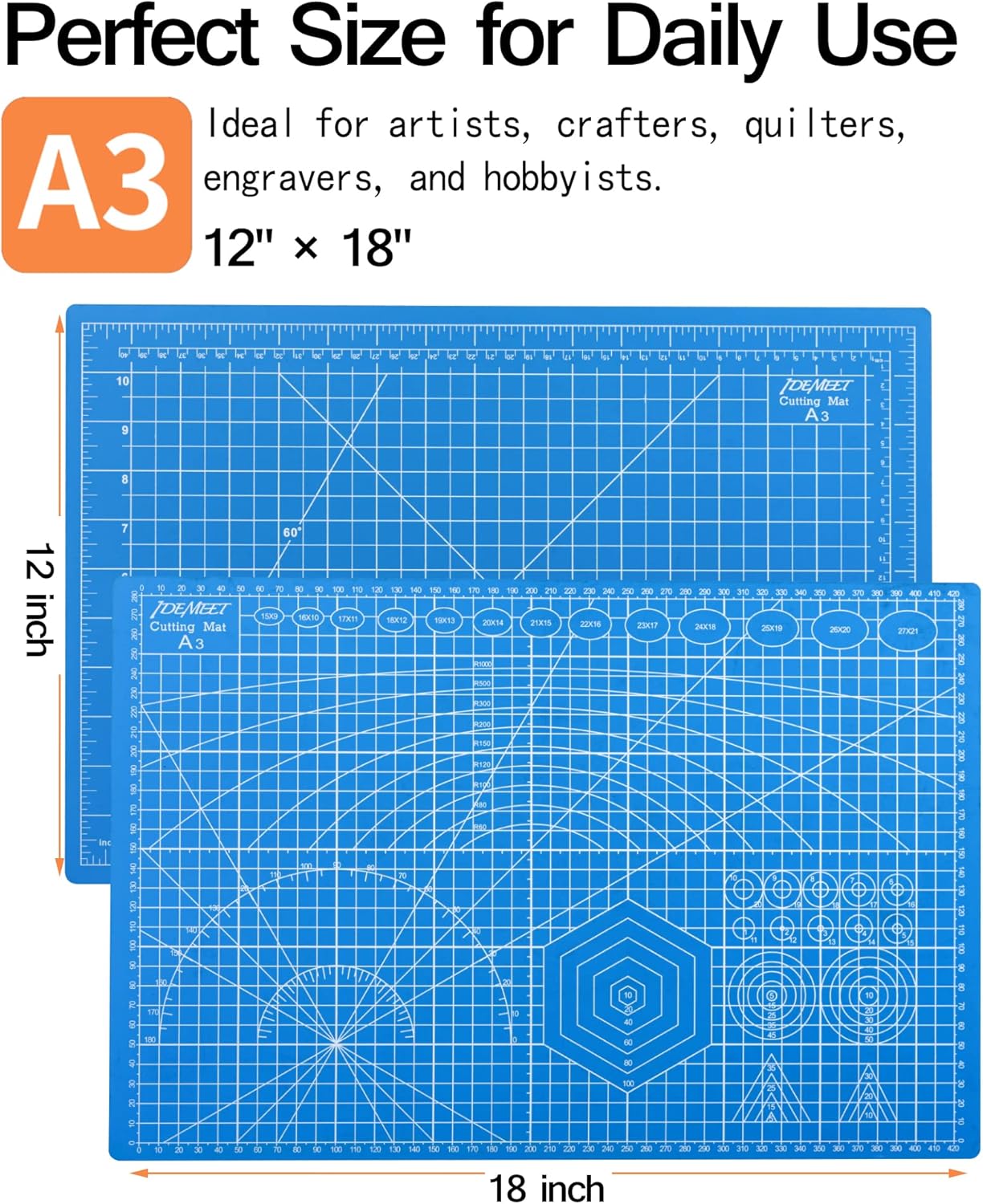 Density-upgraded 18"x12" Self Healing Cutting Mat, Idemeet Rotary Sewing Mat for Crafts, 5-Ply Blade Table Protector Cut Board for Fabric Leather Cutting Quilting Modeling Hobby Project, A3, Black