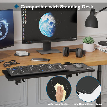 BONTEC Desk Extender Tray, 11.8"x5.9" Table Mount Arm Wrist Rest Shelf, 90°Foldable Elbow Support, Clamp on Computer Arm Rest for Desk, Office & Home Use, Durable & Easy to Install, Black Carbon Fiber