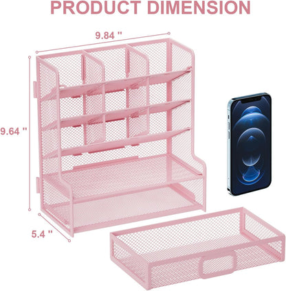 Marbrasse Larger Mesh Desk Organizer with Drawer, Multi-Functional Pen Pencil Holder, Easy Assembly, Desk Organizers and Accessories for Office Art Supplies (Black)
