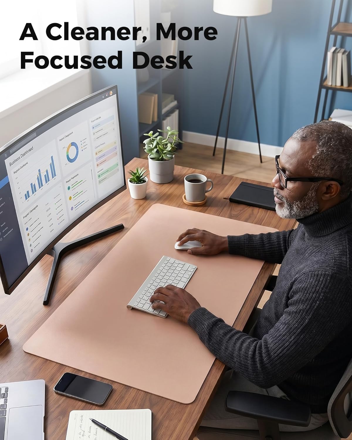 Aothia Dual-Sided Desk Pad - 25.6x13.7 inches Leather Desk Mat, Natural Cork Desk Pad Protector, Large Mouse Pad for Desk, Waterproof Desk Blotter Pad, Desk Writing Pad for Office Work/Home, Black