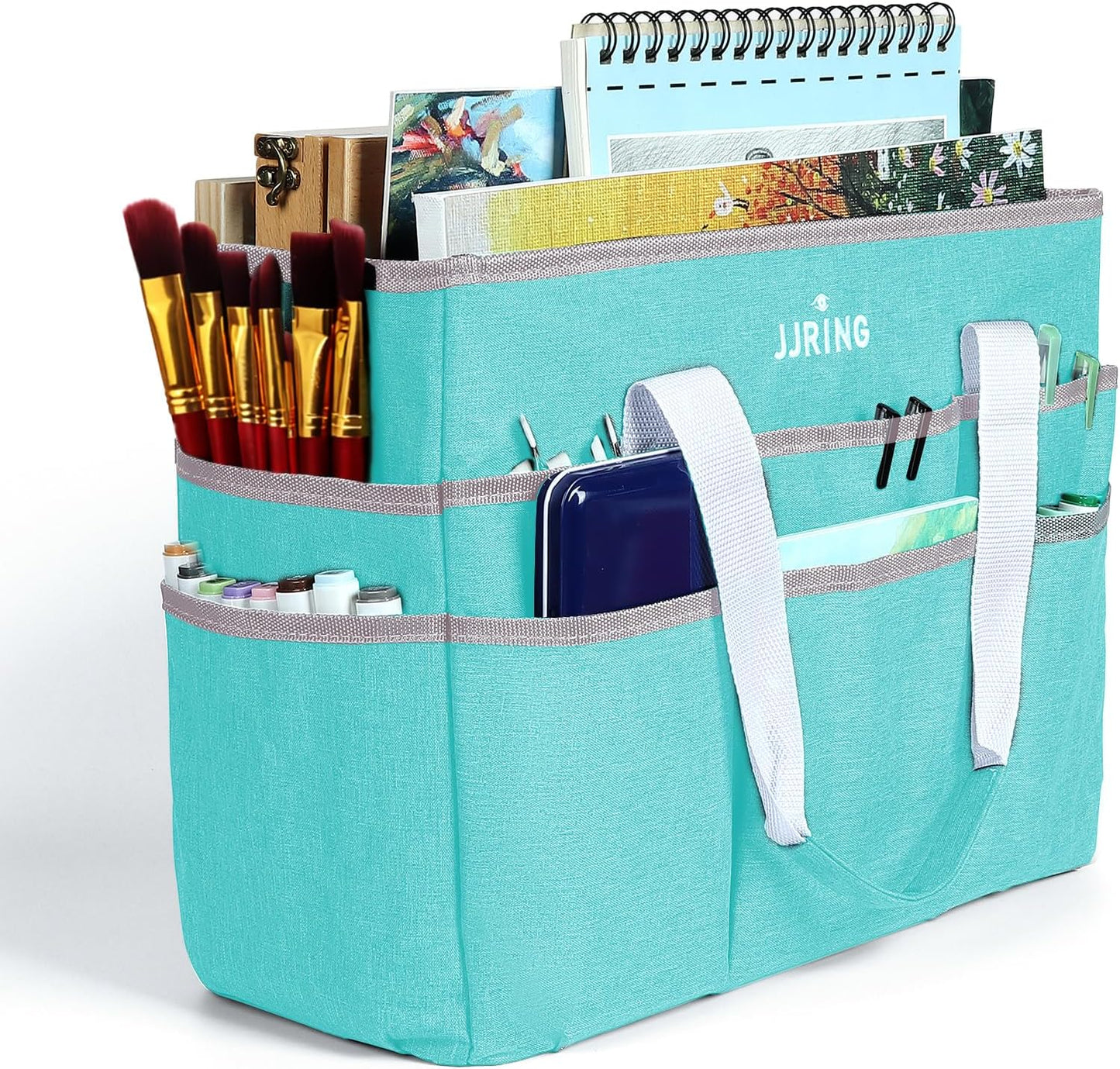JJRING Craft Organizer Tote Bag for Art Storage, Caddy with Multiple Pockets, Bluish Green Sewing Bag for Scrapbooking, School, Medical, and Office Supplies