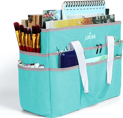 JJRING Craft Organizer Tote Bag for Art Storage, Caddy with Multiple Pockets, Bluish Green Sewing Bag for Scrapbooking, School, Medical, and Office Supplies