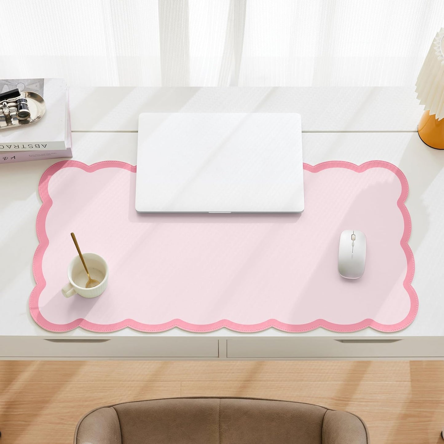 Scalloped Desk Mat, 31.5" x 15.7" Large Cute Aesthetic Desk Accessories, PU Leather Computer Laptop Desk Mouse Keyboard Pad, Desk Writing Mat for Vanity/Work/Home Decor (Beige, 31.5" x 15.7")