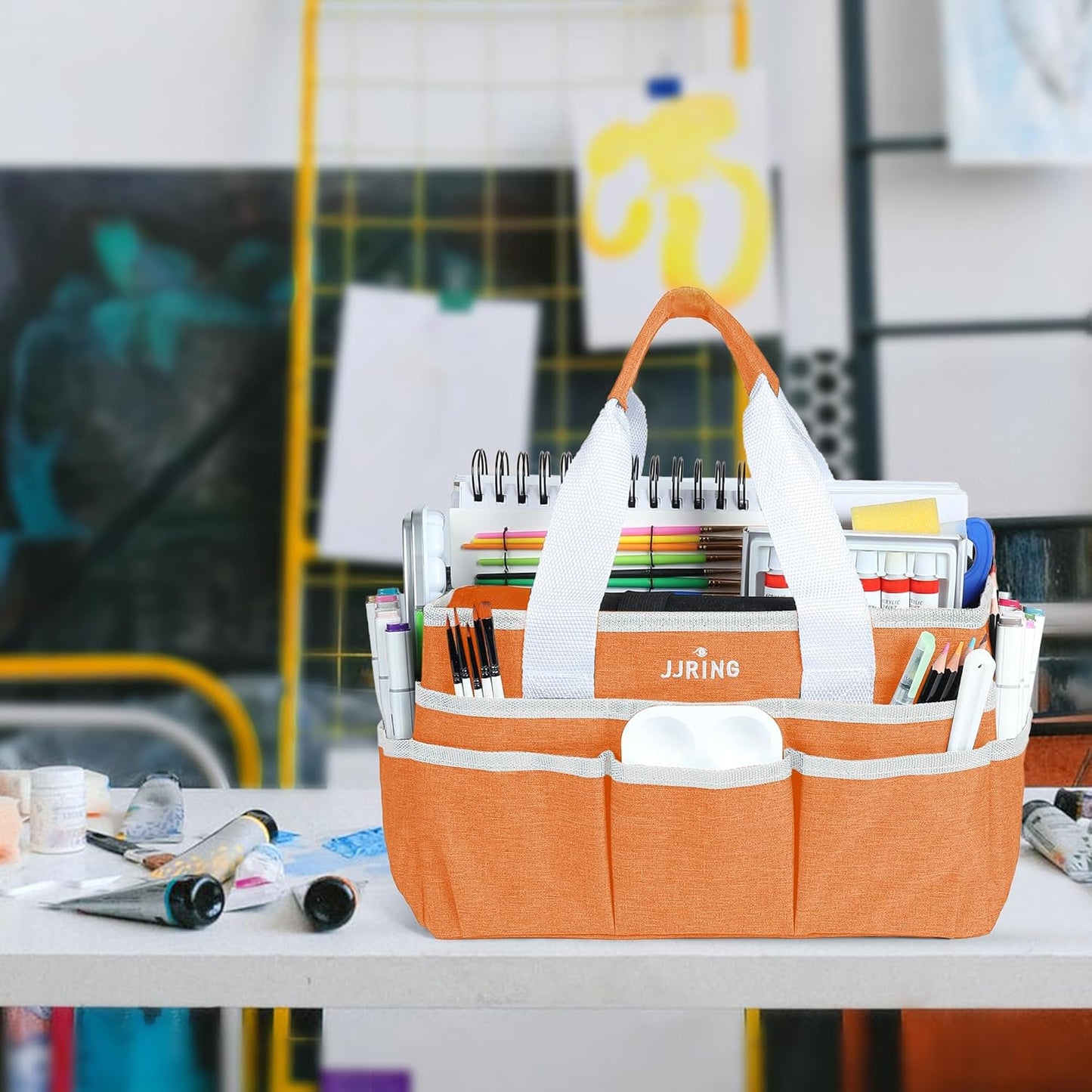 JJRING Craft Organizer Tote Bag for Art Storage, Caddy with Multiple Pockets, Bluish Green Sewing Bag for Scrapbooking, School, Medical, and Office Supplies