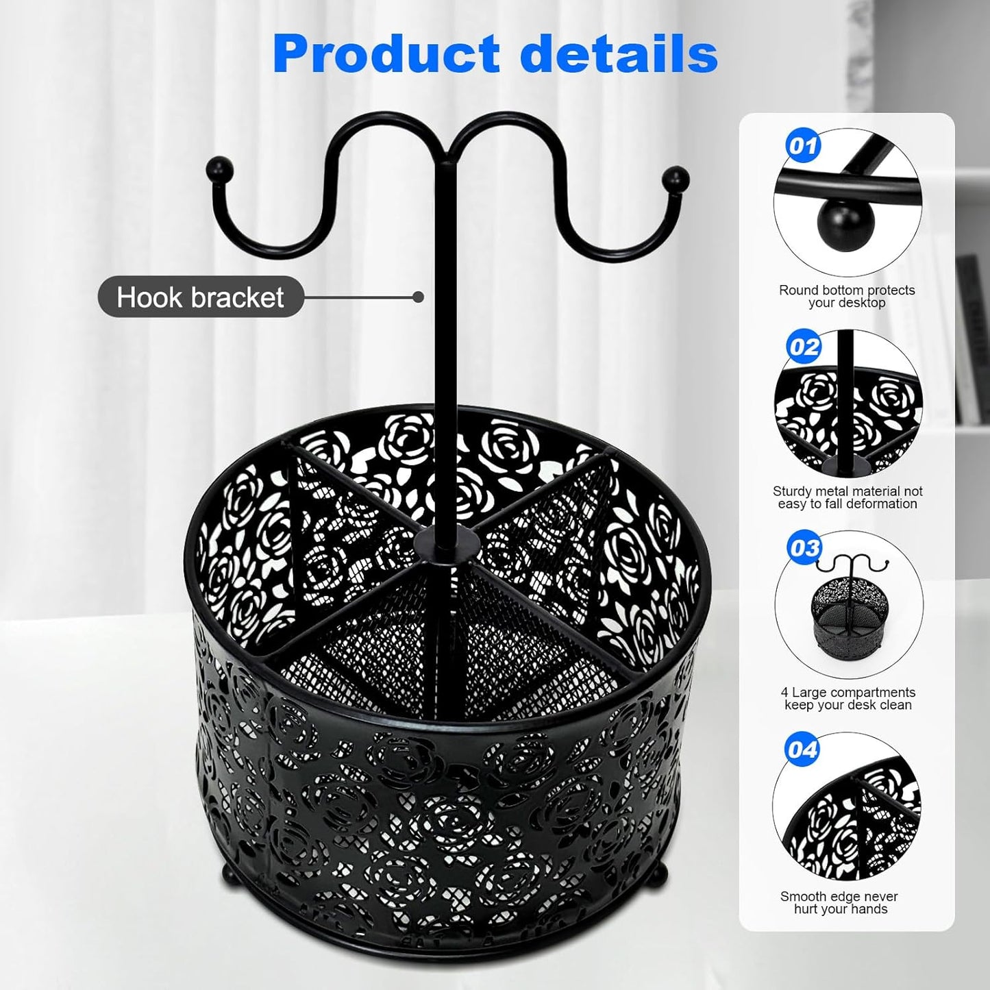 360 Degree Rotate Pen Holder for Desk Mesh Desk Pen Organizer Pencil Holder Large Capacity Accessories & Workspace Organizers for School,Home (Black, No hook)
