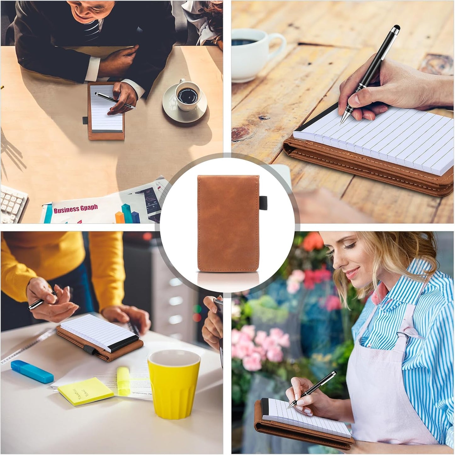 Outus 10 Pcs Mini Pocket Notepad Holder Set Included Small Leather Pocket Notebook Holder with 50 Lined Sheets, Metal Pen, 8 Pcs 3 x 5 Inch Memo Book Refills, 30 Lined Paper Per Note Pad (Black)