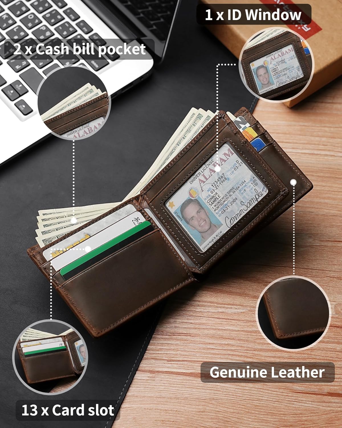 Mens Wallet With AirTag Holder, Bifold Leather RFID Blocking 1-2 ID Windows 12-13 Card Holders, Gift Box and Screen Protector Included, AirTag Not Included