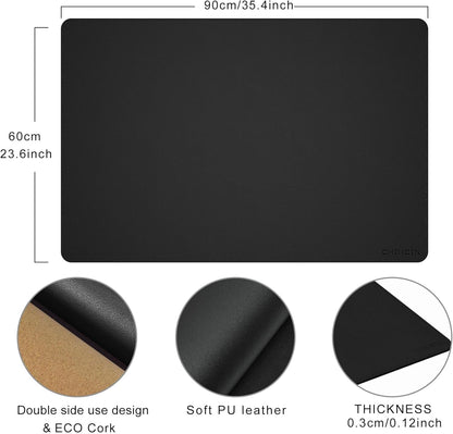 Chihein 2XL 35" x 16" Cork & PU Leather Desk Mat, Dual Sided Desk Pad Protector, Waterproof Writing Blotter for Gaming, Office, Home (Black)