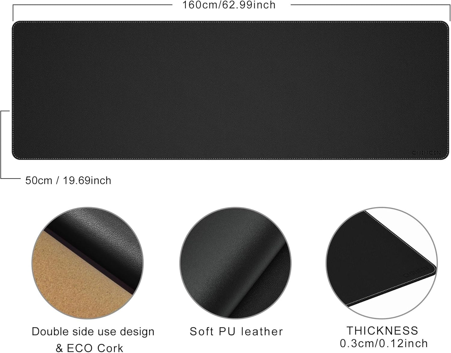Chihein 2XL 35" x 16" Cork & PU Leather Desk Mat, Dual Sided Desk Pad Protector, Waterproof Writing Blotter for Gaming, Office, Home (Black)