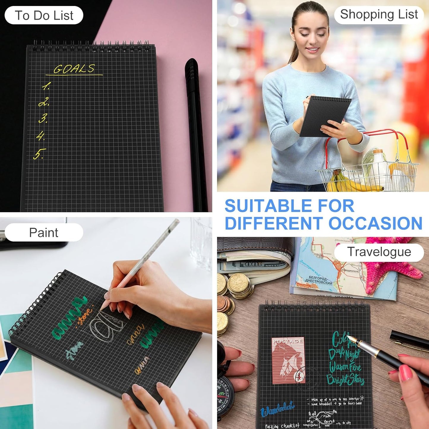 Engrowtic 6 Pack Graph Paper Spiral Notepad A5 Top Wirebound Notepad Grid Notebook Steno Pad Memo Notebook Grid Paper 140 Pages for Writing Sketching Drawing Office Supply (Black)