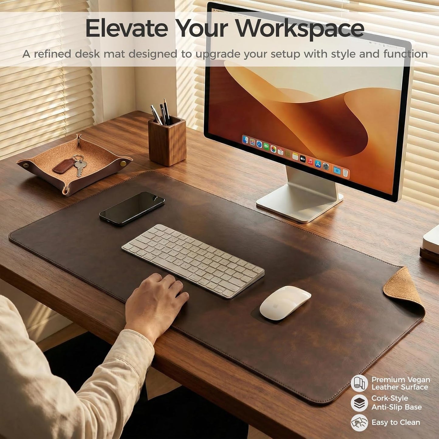 Premium Faux Leather Desk Mat & Tray Set，Innovative Cork-Look Printed Base，Gift Tube Packaging，Full-Desk Coverage，Non-Slip Desk Pad for Office Home（Olive Green）