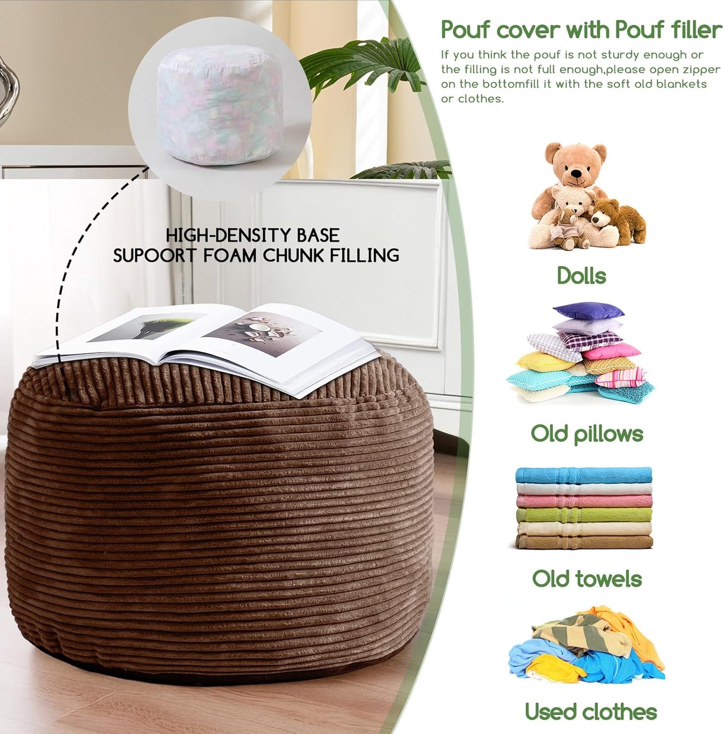 HIGOGOGO Round Stuffed Pouf Ottoman, Corduroy Poufs with Foam Chunk Filling, Furry and Fluffy Pouf Foot Stool Storage Ottoman, 20 X 15 Floor Poufs Foot Rest for Living Room, Dark Grey