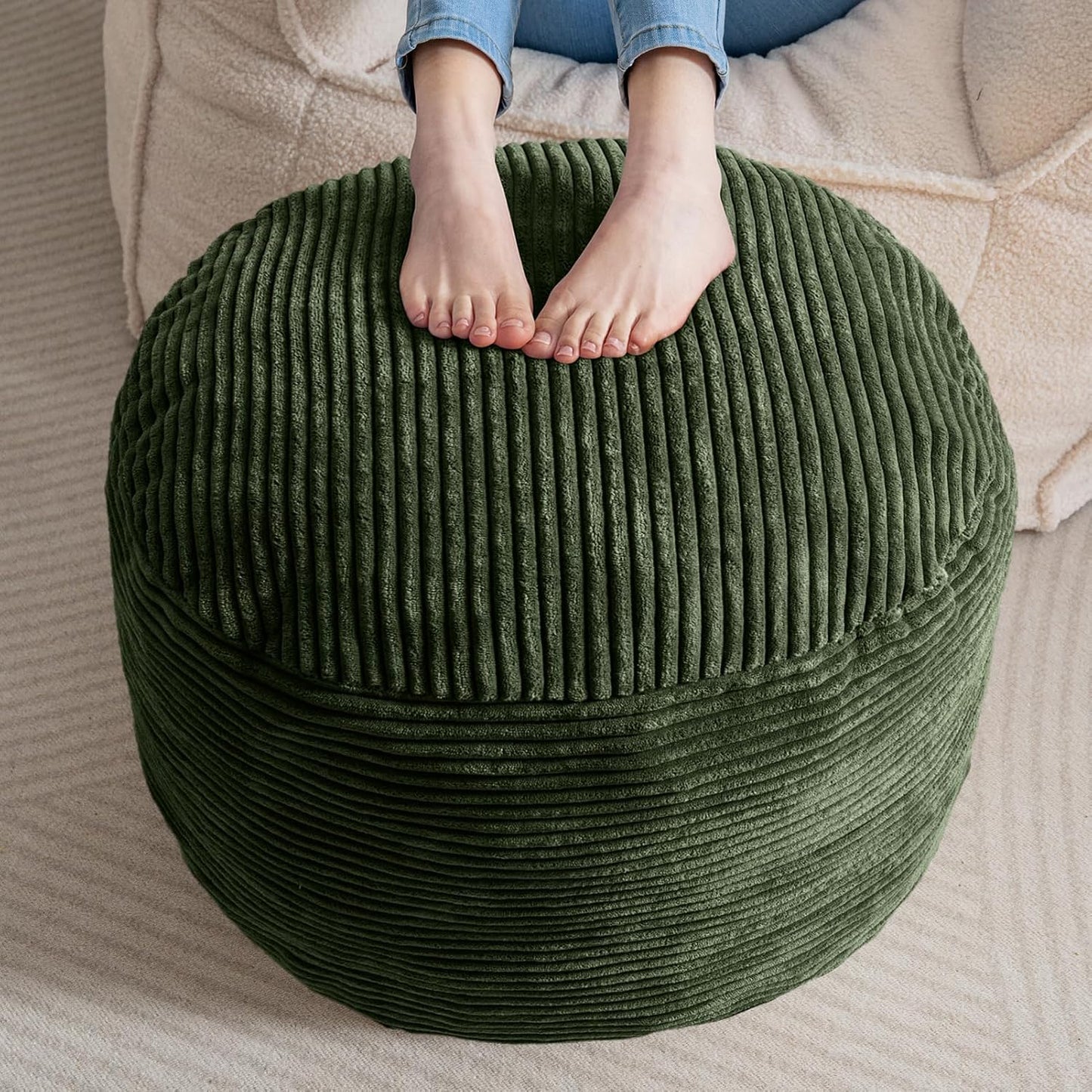 HIGOGOGO Round Stuffed Pouf Ottoman, Corduroy Poufs with Foam Chunk Filling, Furry and Fluffy Pouf Foot Stool Storage Ottoman, 20 X 15 Floor Poufs Foot Rest for Living Room, Dark Grey