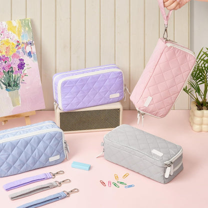 Sooez Large Pencil Case Pouch, Extra Big Pencil Bag with 8 Compartments, Pen Bag Wide Opening, Soft Quilted Pencil Pouch Organizer with Zipper, Portable Pencil Case for Teen Girls, Pink